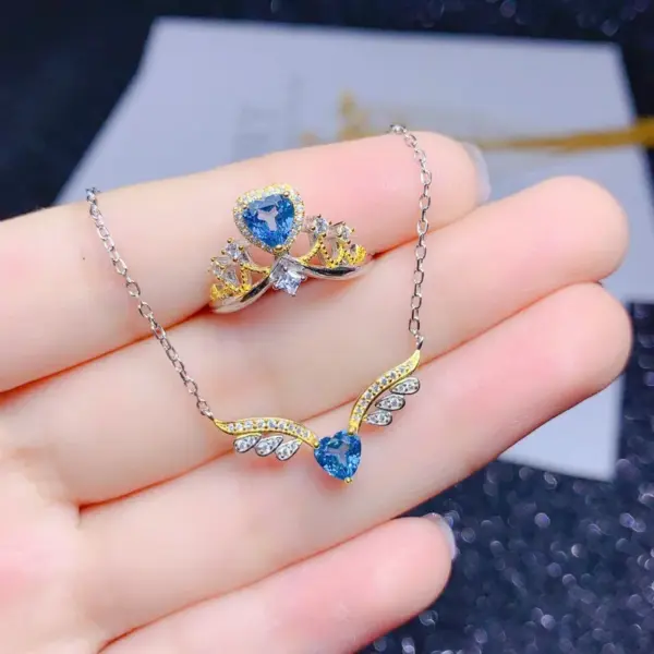 Wholesale New Angel Wing Necklace Heart-shaped Blue Topaz Color Ring Pendant Copper Set