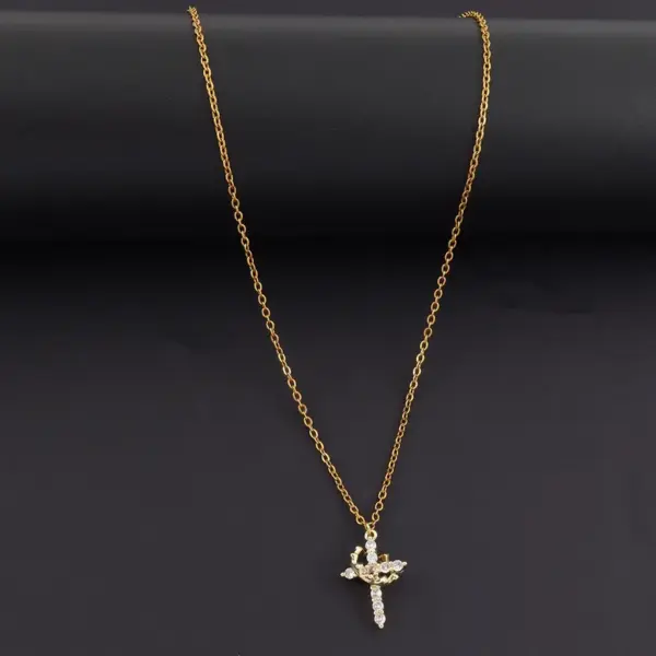 Wholesale New Fashion Vacuum Electroplated 18K Real Gold Gold Silver Micro Pave Zircon Cross Crown Pendant 201 Stainless Steel Chain Women's Necklace