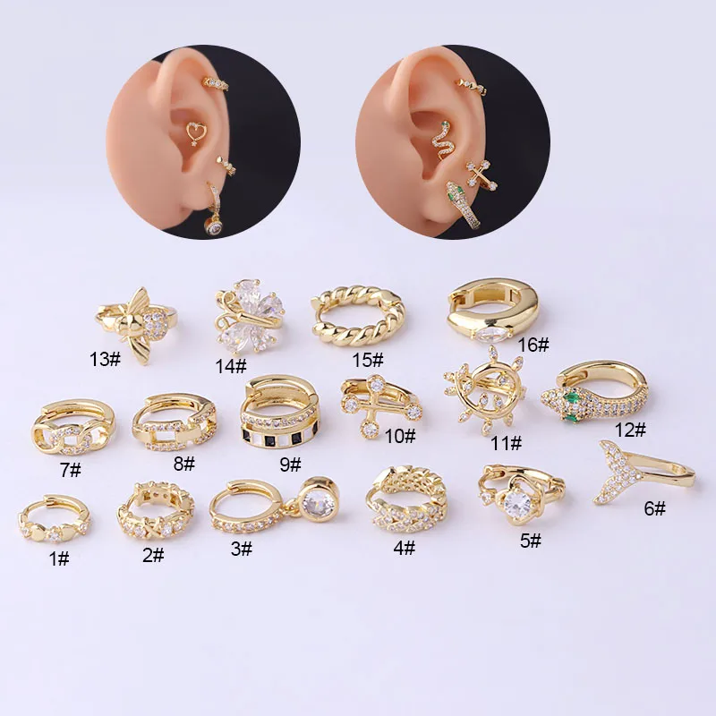 Wholesale Gold Plated Fashion Piercing Earrings Geometric Copper Inlaid Zircon Irregular Ear Clip Single