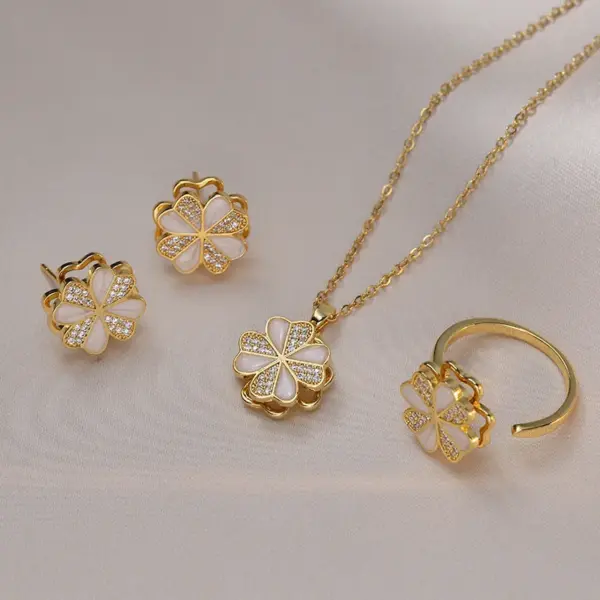 Wholesale Jewelry IG Style Shiny Flower Titanium Steel Zircon Inlay Rings Bracelets Necklace