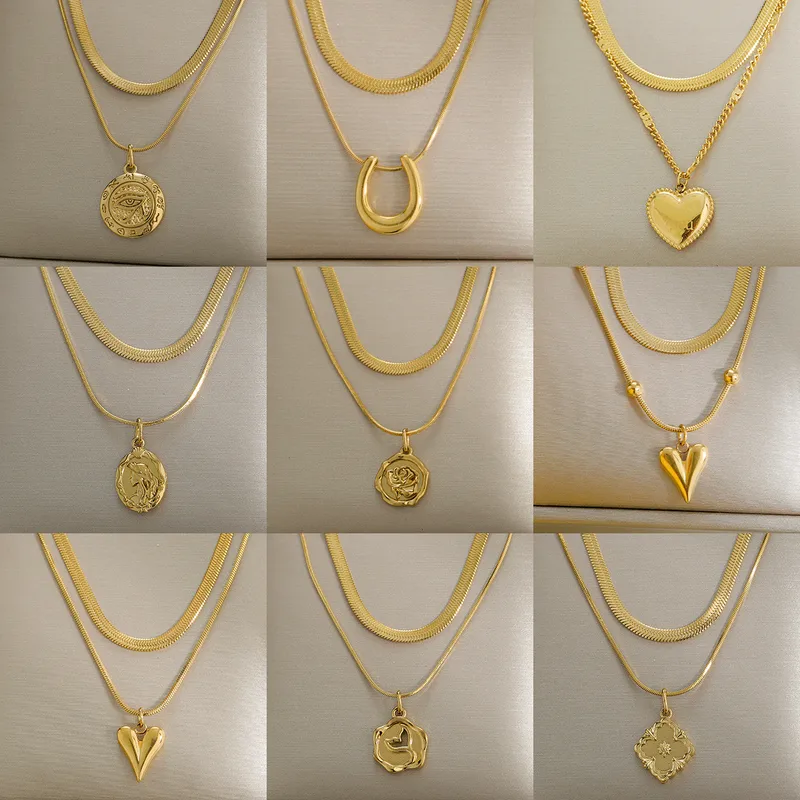Wholesale Jewelry Modern Style Classic Style Letter Heart Shape Flower 304 Stainless Steel Plating Double Layer Necklaces Pendant Necklace