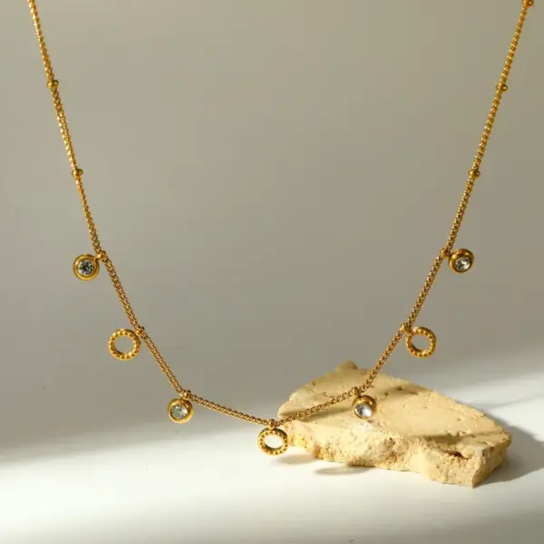 Wholesale Trillion-cut Electroplated Necklace In 18K Gold Plated 304 Stainless Steel With Zircon And 0.03-0.05µm PVD Coating Side Chain