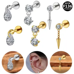 Wholesale 1 Piece Ear Cartilage Rings & Studs Simple Style Classic Style Water Droplets Pure Titanium Titanium Alloy Zircon White Gold Plated