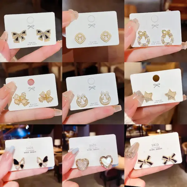 Wholesale 1 Pair Sweet Star Heart Shape Bow Knot Copper Inlay Artificial Pearls Rhinestones Earrings