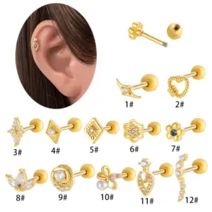 Wholesale 1 Piece 316 Stainless Steel Copper Zircon Ear Cartilage Rings & Studs Heart Shape Flower Ear Cartilage Rings & Studs