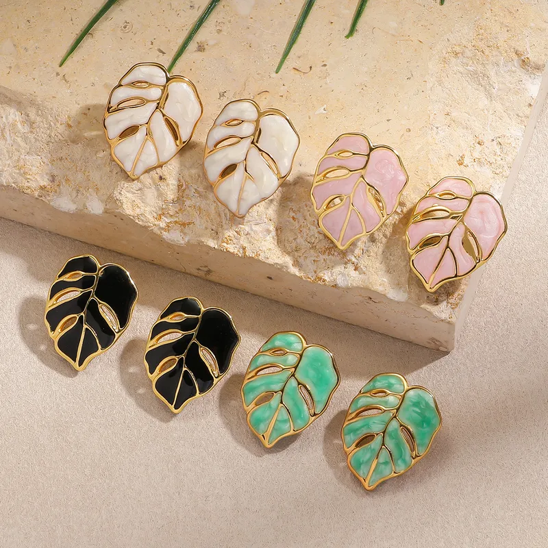 Wholesale 304 Stainless Steel Leaf PVD Coated Stone-Free 18K Real Gold Plated Handmade Romantic Shiny Waterproof Non Tarnish Frill Inlay Earrings Ear