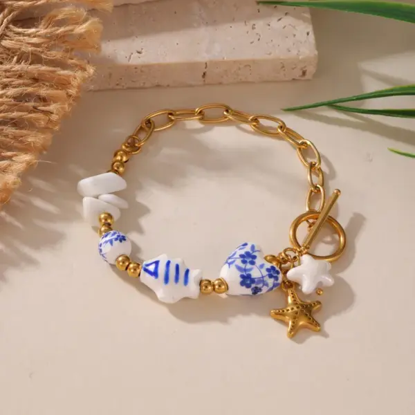 Ion Plating (IP) 18K Gold Plated Starfish Snails Fish 304 Stainless Steel Ceramics Casual Hawaiian Beach Waterproof Non Tarnish Bracelets Necklace