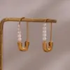 Wholesale 1 Pair Lady Paper Clip Imitation Pearl Titanium Steel Plating Earrings
