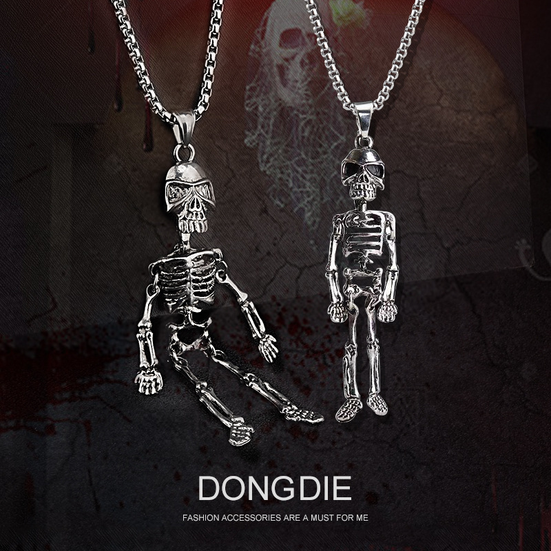Wholesale Cross-border Hot Skeleton Necklace Men's European and American Human Skeleton Pendant Friends Personality Trendy Cool Sweater Chain Ornament