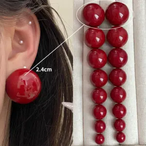 4163-2.4cm Red Bead Stud Earrings