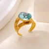 Wholesale Luxurious Vintage Large Imitation Pearl Women's Ring 18K Gold Plated Four-Leaf Clover Rotating Heart Blue Zircon Jewelry Ring