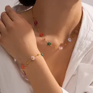 Wholesale Jewelry IG Style Sweet Flower 304 Stainless Steel 18K Gold Plated PVD Coated Beaded Bracelets