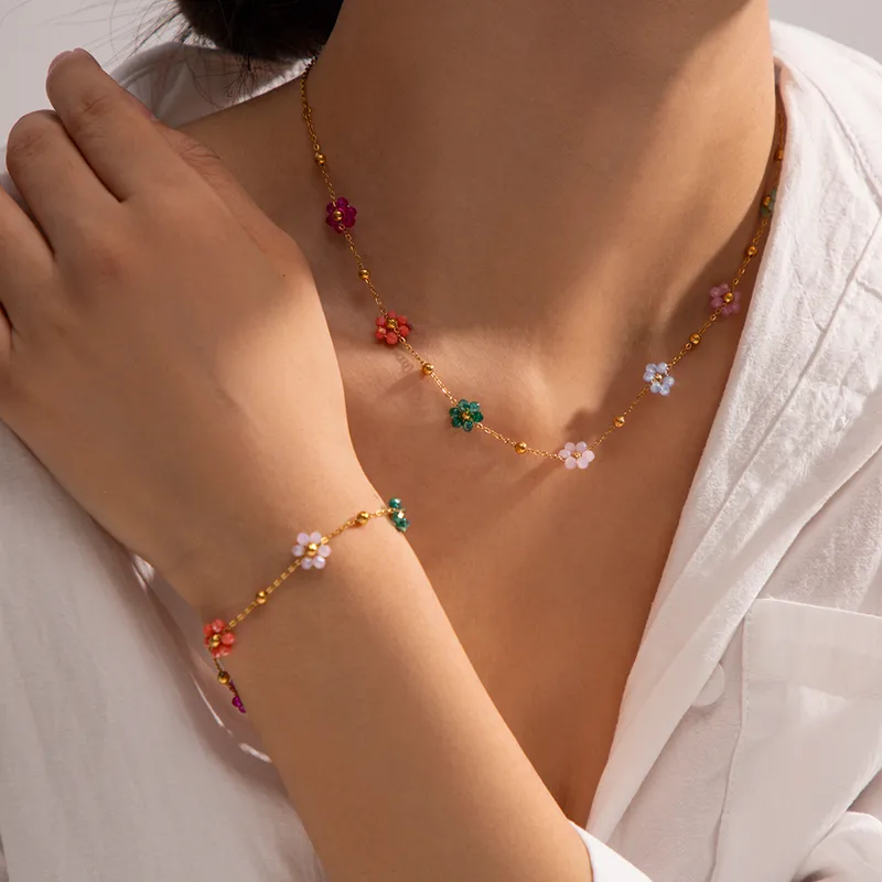 Wholesale Jewelry IG Style Sweet Flower 304 Stainless Steel 18K Gold Plated PVD Coated Beaded Bracelets
