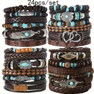 Wholesale Cross-border New European and American Wood Beads Beaded Multi-layer Vintage Flower Peacock Feather Heart-shaped Hand-woven 24-piece Bracelet
