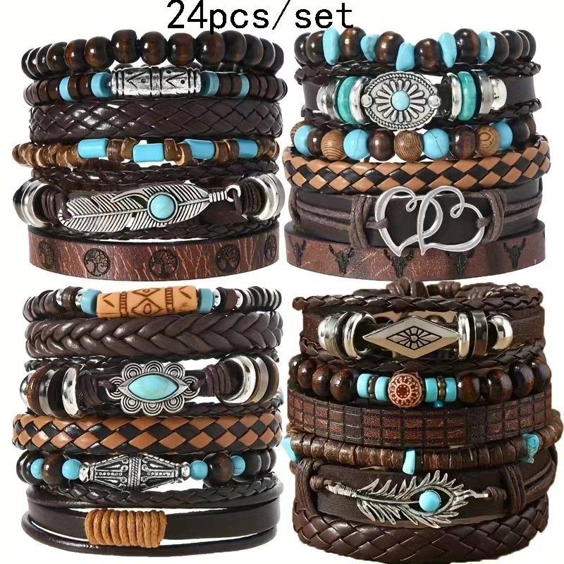 Wholesale Cross-border New European and American Wood Beads Beaded Multi-layer Vintage Flower Peacock Feather Heart-shaped Hand-woven 24-piece Bracele
