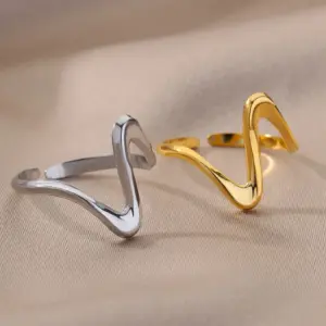 PVD Coated Real Gold Plated 18K Gold Waves 304 Stainless Steel Hip-Hop Modern Style Waterproof Non Tarnish Open Rings