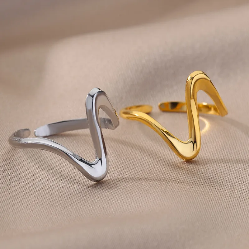 Wholesale PVD Coated Real Gold Plated 18K Gold Waves 304 Stainless Steel Hip-Hop Modern Style Waterproof Non Tarnish Open Rings
