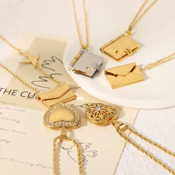 Wholesale 304 Stainless Steel Book Envelope Heart Shape PVD Coated Rhinestones 18K Gold Plated 18K Real Gold Plated Real Gold Plated IG Style Simple Style Artistic Waterproof Non Tarnish Plating Hollow Out Cable Chain Gold Silver Pendant Necklace