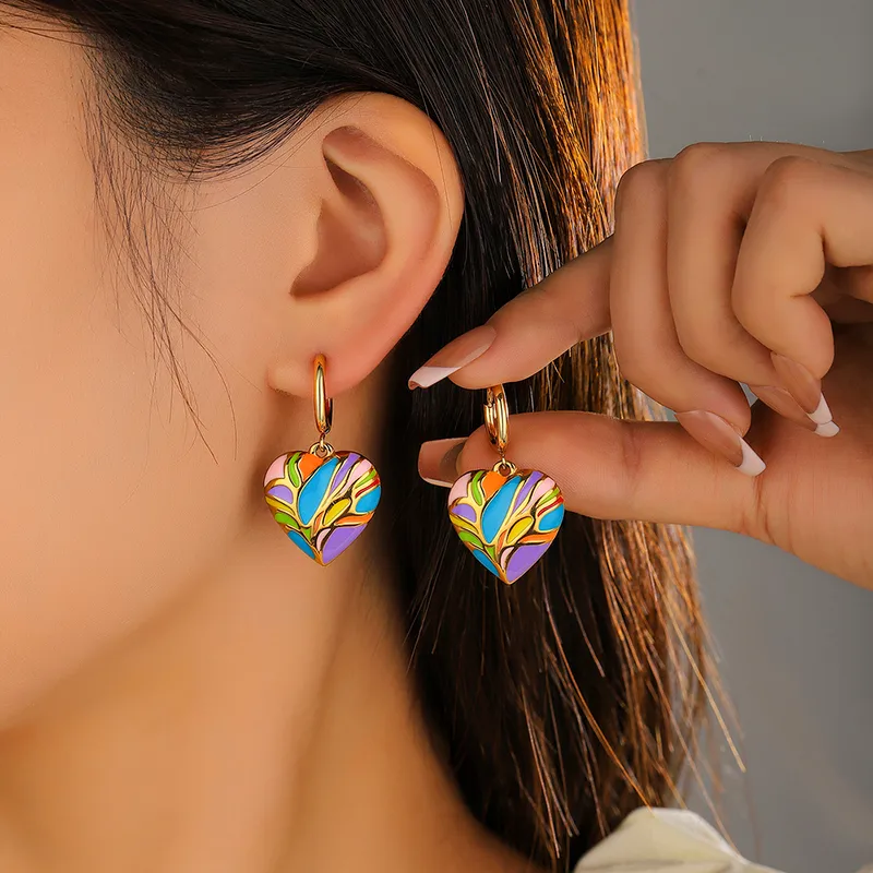 Wholesale Stainless Steel Heart Shape PVD Coated Real Gold Plated 18K Gold Elegant Luxurious Enamel Colour Earrings