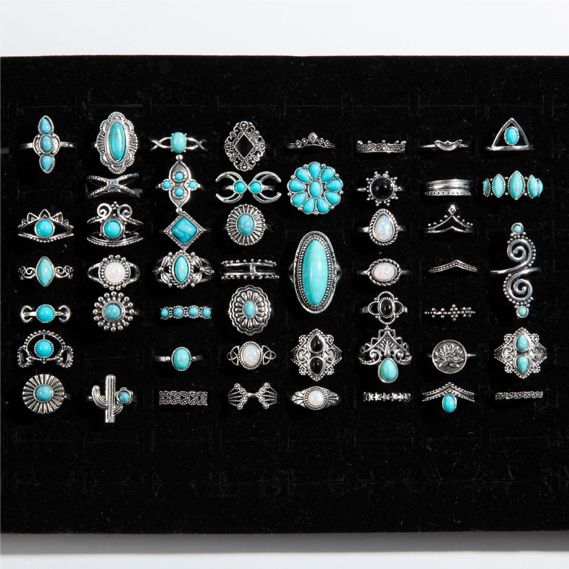 Wholesale Ethnic Style Turquoise Cactus Flower Ring Retro Geometric Lace Mixed Batch Set Pattern Random