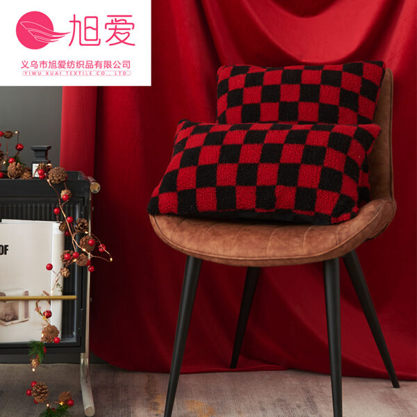 Wholesale Christmas red, black, and white checkerboard faux lambskin pillowcase