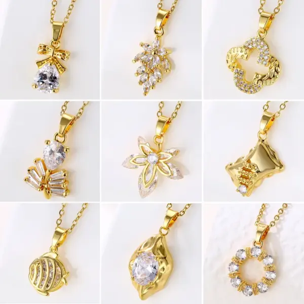 Wholesale Water Plating Vacuum Plating Real Gold Plated 18K Gold Four Leaf Clover Candy Fish 304 Stainless Steel Copper Retro Waterproof Non Tarnish Stainless Steel Pendant Necklace