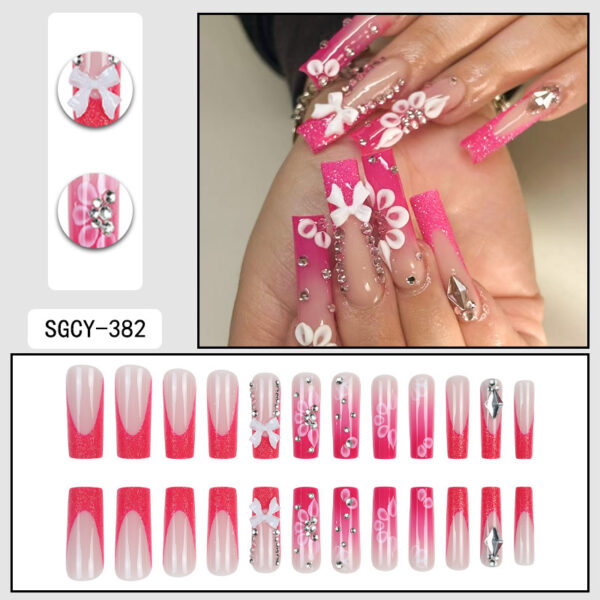 Wholesale Cross-border New Wearable Long Water Pipe Nail Pieces French Pink Broken Diamond Bow Wearing Nail Patch Nail Pieces