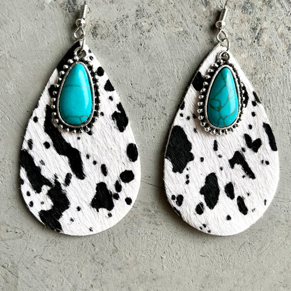 Wholesale Western Teardrop Turquoise Vintage Cow Pattern Leopard Print Earrings