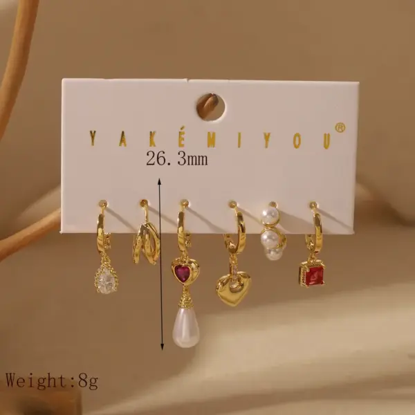 Wholesale 1 Set Yakemiyou Modern Style Water Droplets Red Heart Solid Color Inlay Copper Artificial Pearls Zircon 14K Gold Plated Earrings