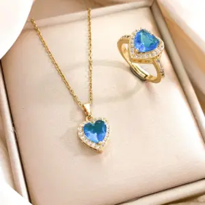 XL727 Ocean Blue Heart Necklace and Ring Set / Gold