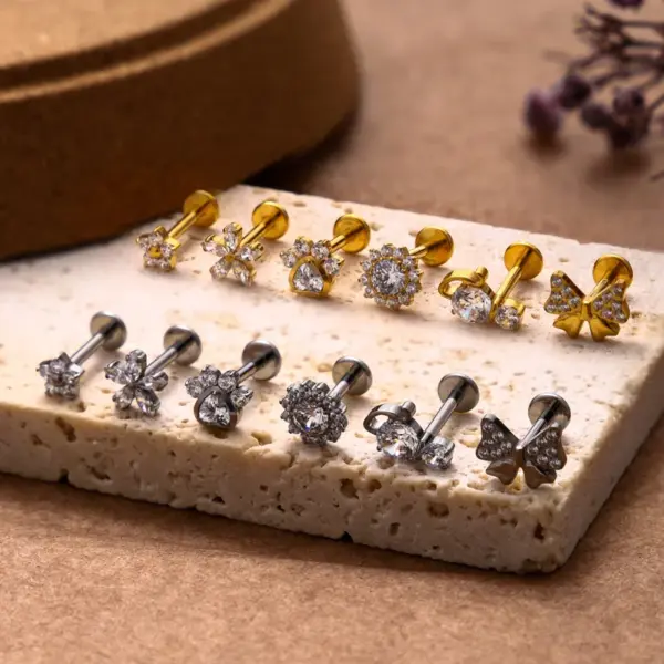 Wholesale 1 Piece Ear Cartilage Rings & Studs IG Style Vintage Style Geometric Flower Bow Knot Pure Titanium Plating Inlay Zircon