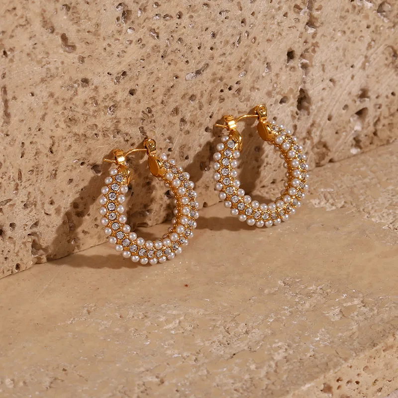 Wholesale 1 Pair Fashion U Shape Plating Inlay 304 Stainless Steel Pearl Zircon 18K Gold Plated PVD Coated Hoop Earrings