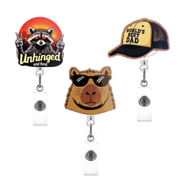 oly-bd6fcda59139620c3c2f8e05e866bc7a Wholesale Acrylic Fun Creative Little Panda Raccoon Easy Pull Buckle Telescopic Rotating Certificate Badge Clip Student Medical Gift