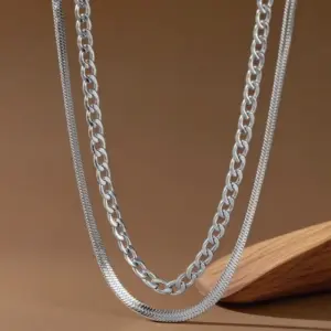 X01092-Double Layer Chain-Necklace-Steel Color