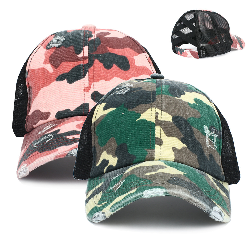 Wholesale Summer outdoor cap chilen's horsetail baseball net cap cotton camouflage sunscreen cap without label cap