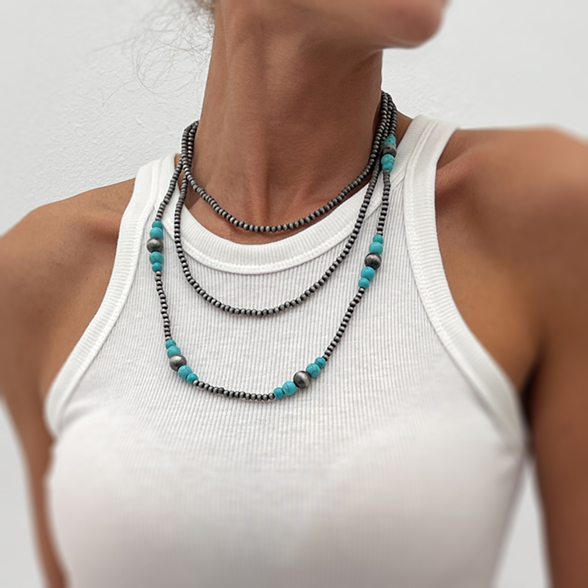 Wholesale European and American Bohemian Handmade Necklace with Turquoise Bow Cross-border Navajo Style Beaded Ethnic Necklace
