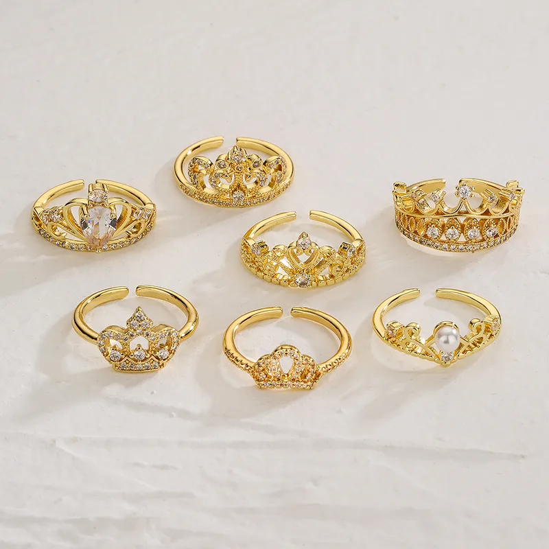 Wholesale Classic Style Commute Crown Copper 18k Gold Plated Zircon Open Ring In Bulk