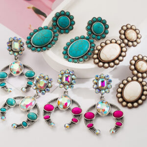Wholesale Cross-border retro turquoise geometric earrings new alloy inlaid turquoise diamond multi-layer bohemian temperament earrings
