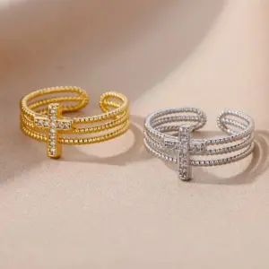 Wholesale Vintage Style Simple Style Cross Copper 18k Gold Plated Zircon Rings In Bulk