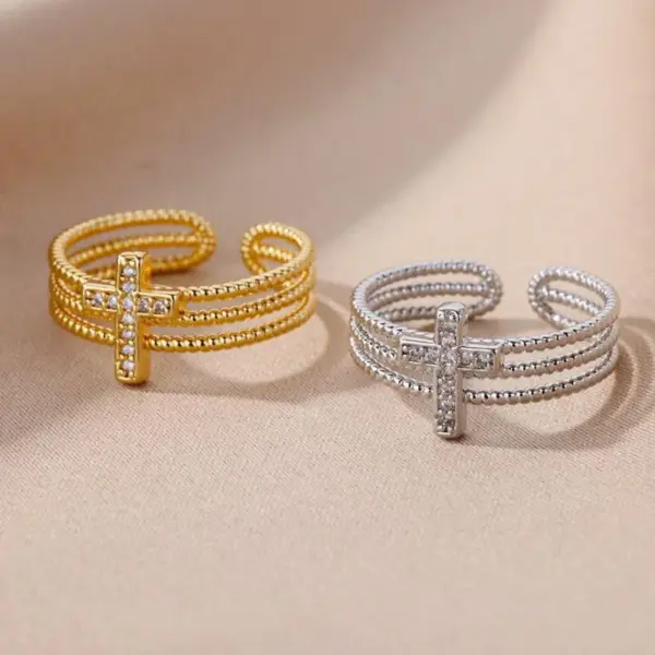 Wholesale Vintage Style Simple Style Cross Copper 18k Gold Plated Zircon Rings In Bulk