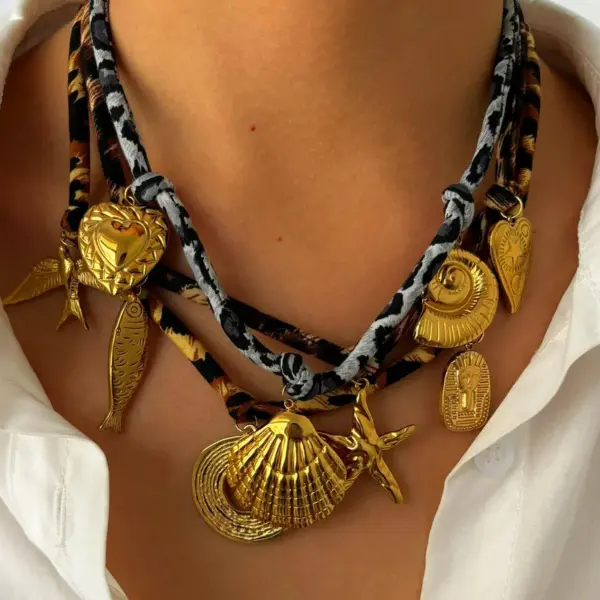 304 Stainless Steel Sunflower Starfish Conch PVD Coated Rhinestones Real Gold Plated Exaggerated Cool Style Waterproof Non Tarnish Surgical Steel Cord String Lobster Trigger Clasp Closure Gold Pendant Necklace