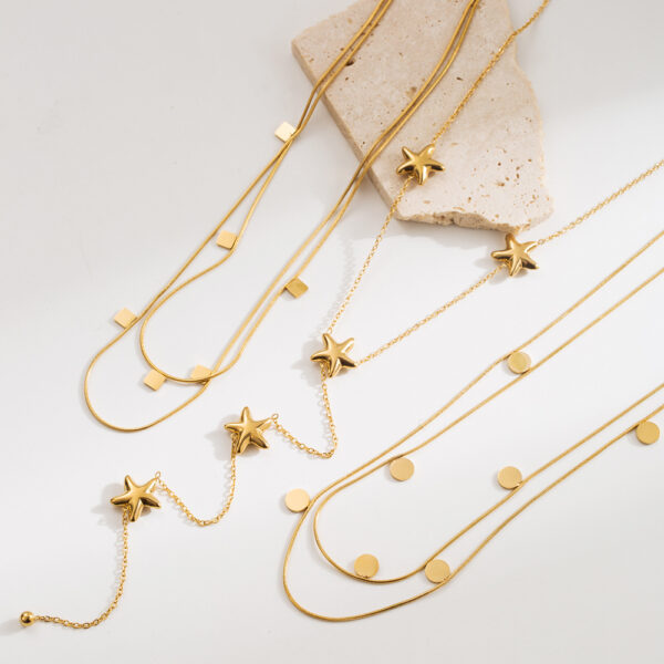 oly-bdbe5b862d2b32ecbe33ad72568e77f1 Wholesale Korean style geometric double-layer necklace for women, luxurious titanium steel, colorfast design, unique clavicle chain, elegant and versatile accessory.