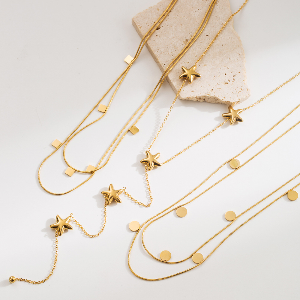 Wholesale Korean style geometric double-layer necklace for women, luxurious titanium steel, colorfast design, unique clavicle chain, elegant and versa