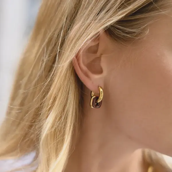 Wholesale Women's Style - Minimalist Style / 18K Gold Stainless Steel + Oil Drop / White / Black / Burgundy / Green Oil Drop Double Hoop Earrings Pair