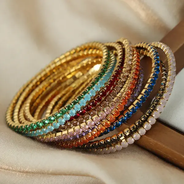 304 Stainless Steel Colorful PVD Coated Zircon 18K Gold Plated Real Gold Plated Simple Style Waterproof Non Tarnish Plating Inlay White Blue Gold Bracelets