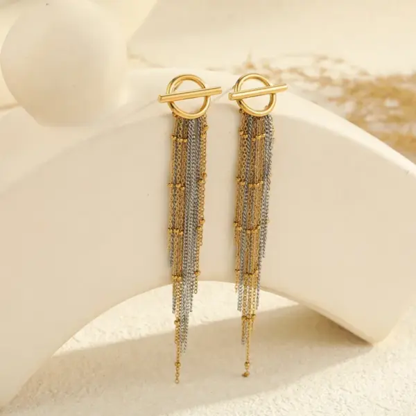 Wholesale Color Block Tassel Long Earrings 304 Stainless Steel Earrings Wind Ear Jewelry Plated 18K Real Gold Vacuum Electroplating