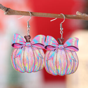 Wholesale Cross-Border New Bow Painted Pumpkin Pendant Earrings Wooden Double-Sided Thanksgiving Christmas New Year Gift