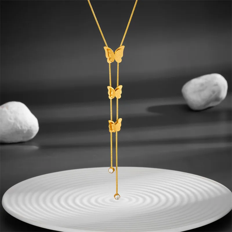 Wholesale PVD Coated Real Gold Plated Butterfly Titanium Steel Simple Style Waterproof Non Tarnish Titanium Steel Pendant Necklace