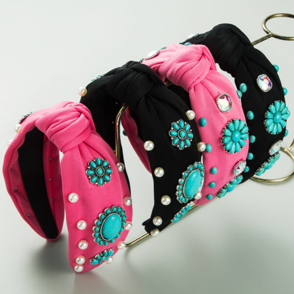 Wholesale Cross-border fashion new vintage turquoise hairband wide-brimmed beaded flower headband light luxury high-end ball hair accessories