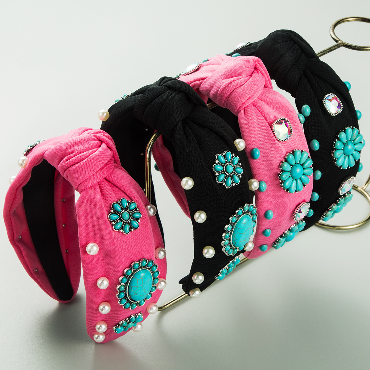 Wholesale Cross-border fashion new vintage turquoise hairband wide-brimmed beaded flower headband light luxury high-end ball hair aessories